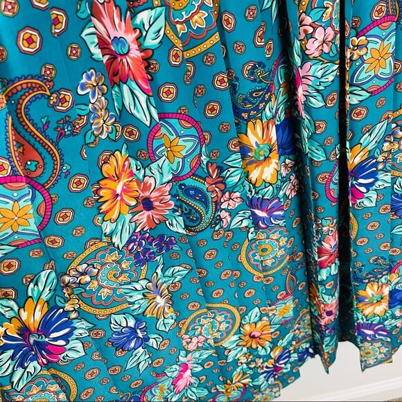 Vintage green purple floral 80s pleated belted button boho office midi dress 12 - Picture 5 of 9